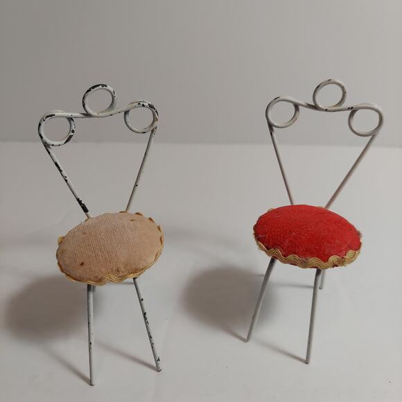 Antique Metal Chairs Japan Miniature Dollhouse Tan Red Sewing Pin Cushion Pair - Picture 8 of 8